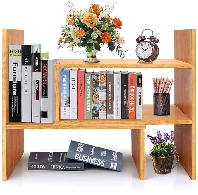 Callas Adjustable Wood Desktop Storage Organizer Display Shelf Rack | Spice Rack | Counter Top Bookcase Book Shelf | Home Décor Display & Storage Rack Cabinet Unit | Parent (BS-1-Brown)