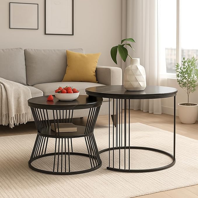 Callas Modern Nesting Coffee Table Set of 2 with Marble Finish Engineered Wood Top and Gold Metal Frame | Round Living Room Center Table for Sofa Side Home Decor | Pre-Assembled (Black, CT-03)