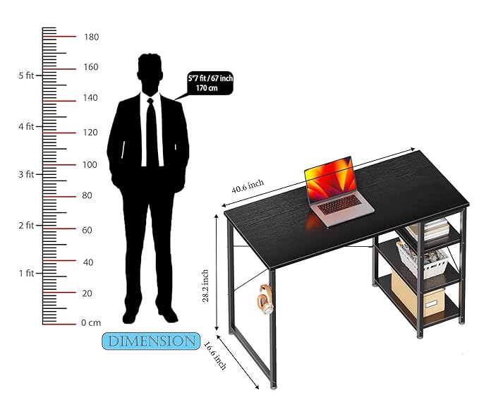 Callas 43 Inch L Shaped Computer Desk with Reversible Side Storage Shelves, Small Corner Desk for Small Space Home Office,Writing Study Table Gaming PC Desk for Bedroom (Black, ST-24)