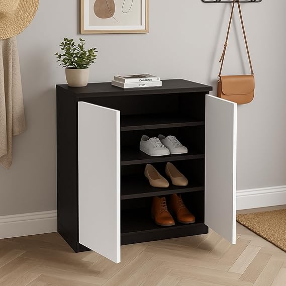 Callas Engineered Wood Shoe Rack Cabinet with Drawer & Doors | Modern Wooden Shoe Storage Organizer for Entryway, Living Room & Bedroom (Black, SR-05)