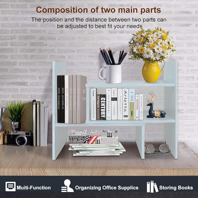 Callas Adjustable Wood Desktop Storage Organizer Display Shelf Rack | Spice Rack | Counter Top Bookcase Book Shelf | Home Décor Display & Storage Rack Cabinet Unit | (BS1-White)