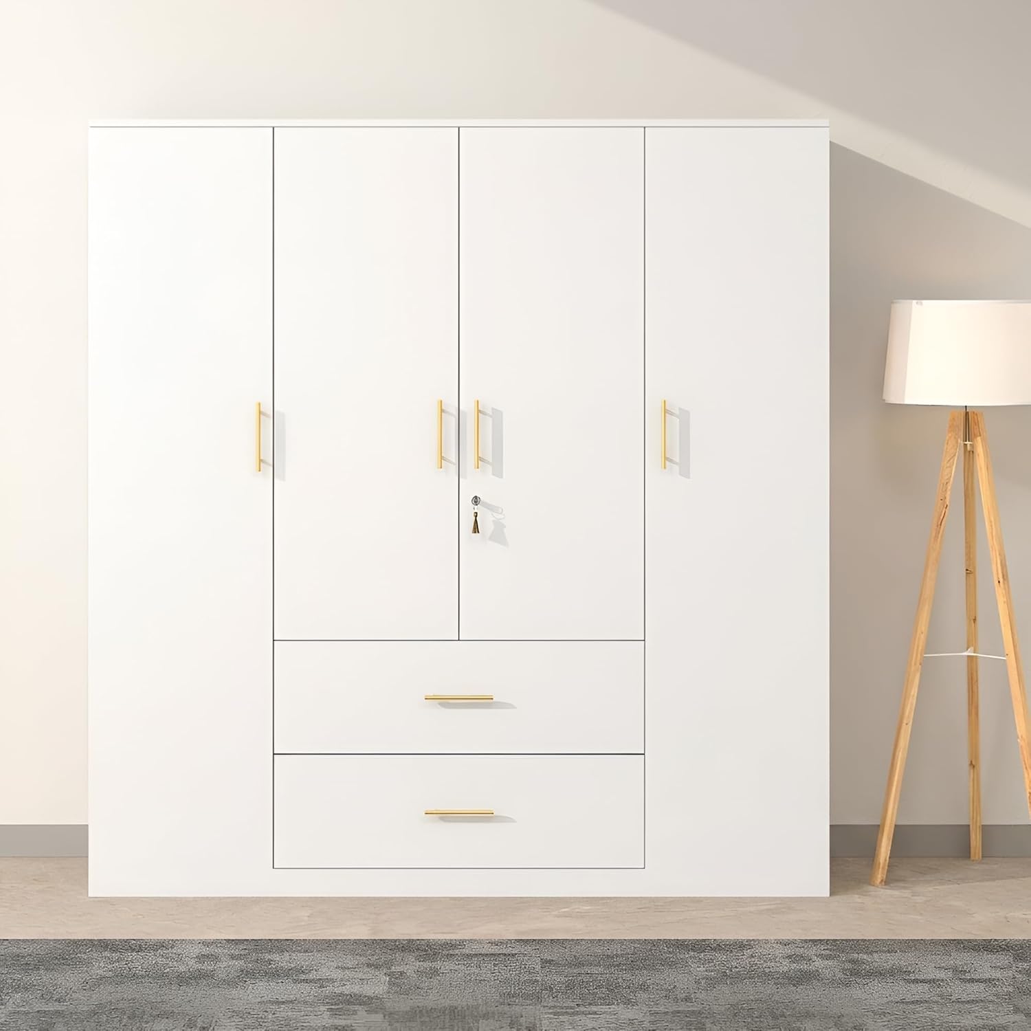 Callas Estoria 4 Door Wooden Wardrobe with 2 Large Drawers | Spacious Hanging Section | Multi-Utility Side Shelves | Engineered Wood Almirah for Bedroom | Free Installation with 1 Year Warranty (White-Estoria-4)