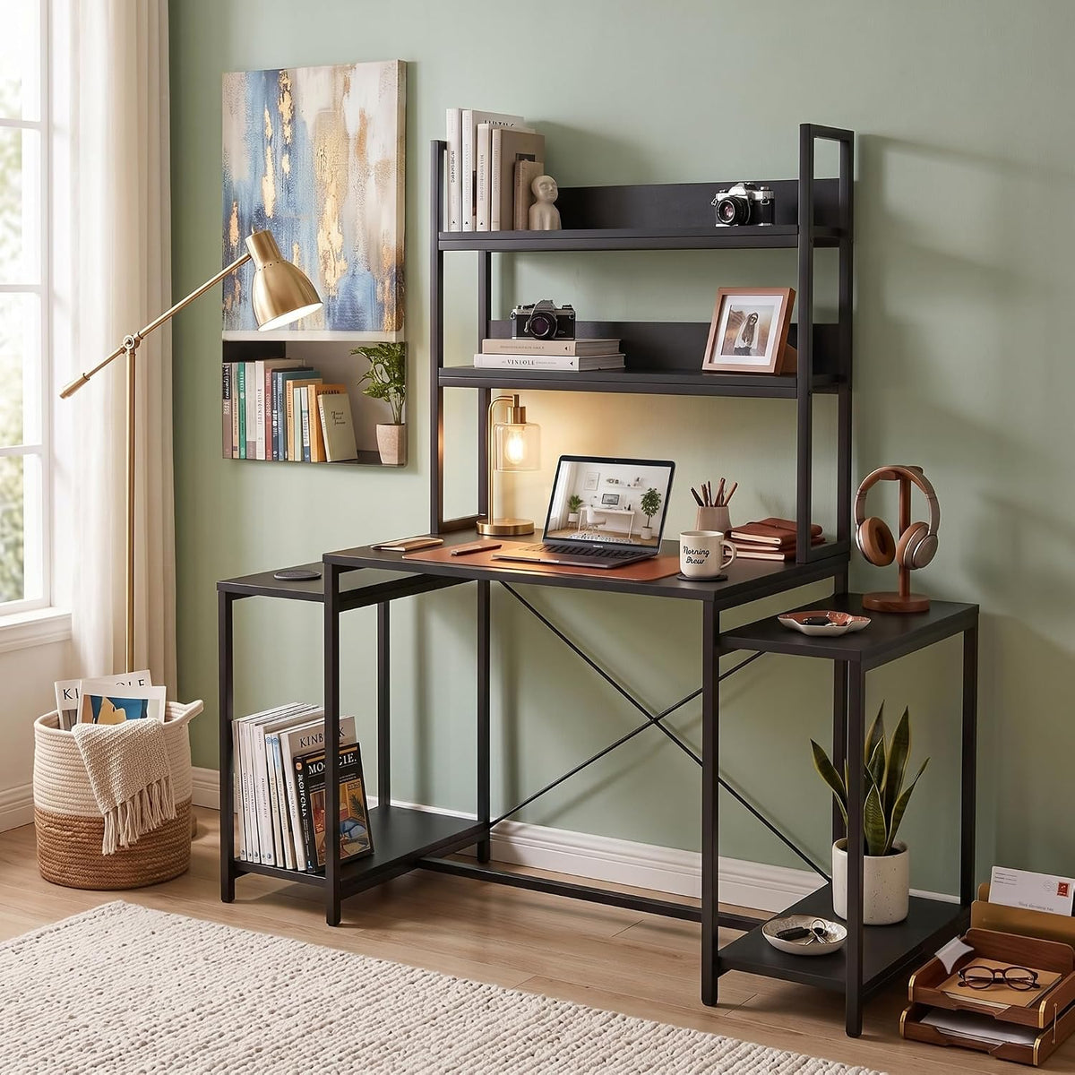 Callas DeskStation ST-26 Engineered Wood Study Table with Storage Hutch and Side Shelves for Home Office, Gaming Table,136L x 54W x 149H cm| Free Installation with 1 Year Warranty - Black