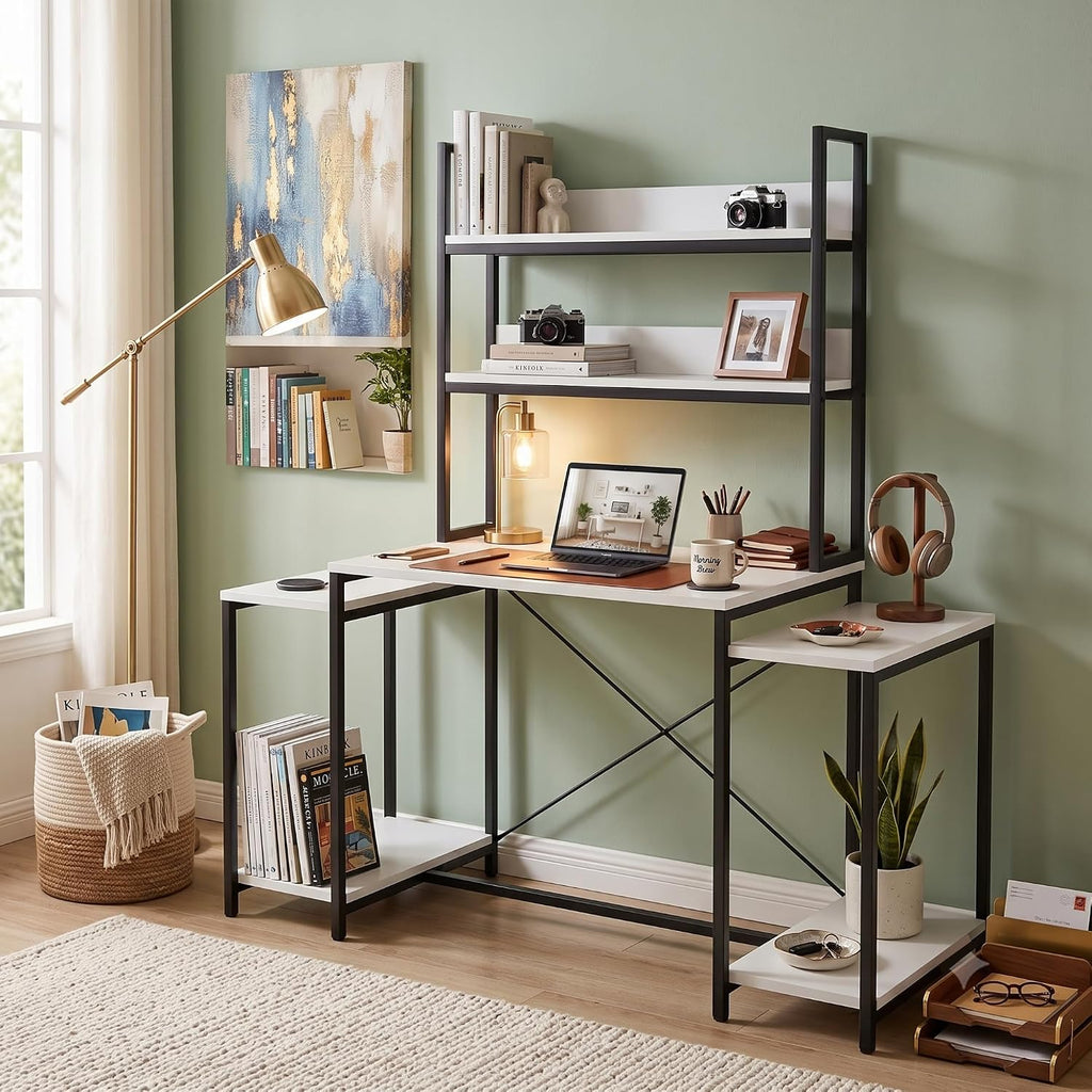Callas DeskStation ST-26 Engineered Wood Study Table with Storage Hutch and Side Shelves for Home Office, Gaming Table,136L x 54W x 149H cm| Free Installation with 1 Year Warranty - White