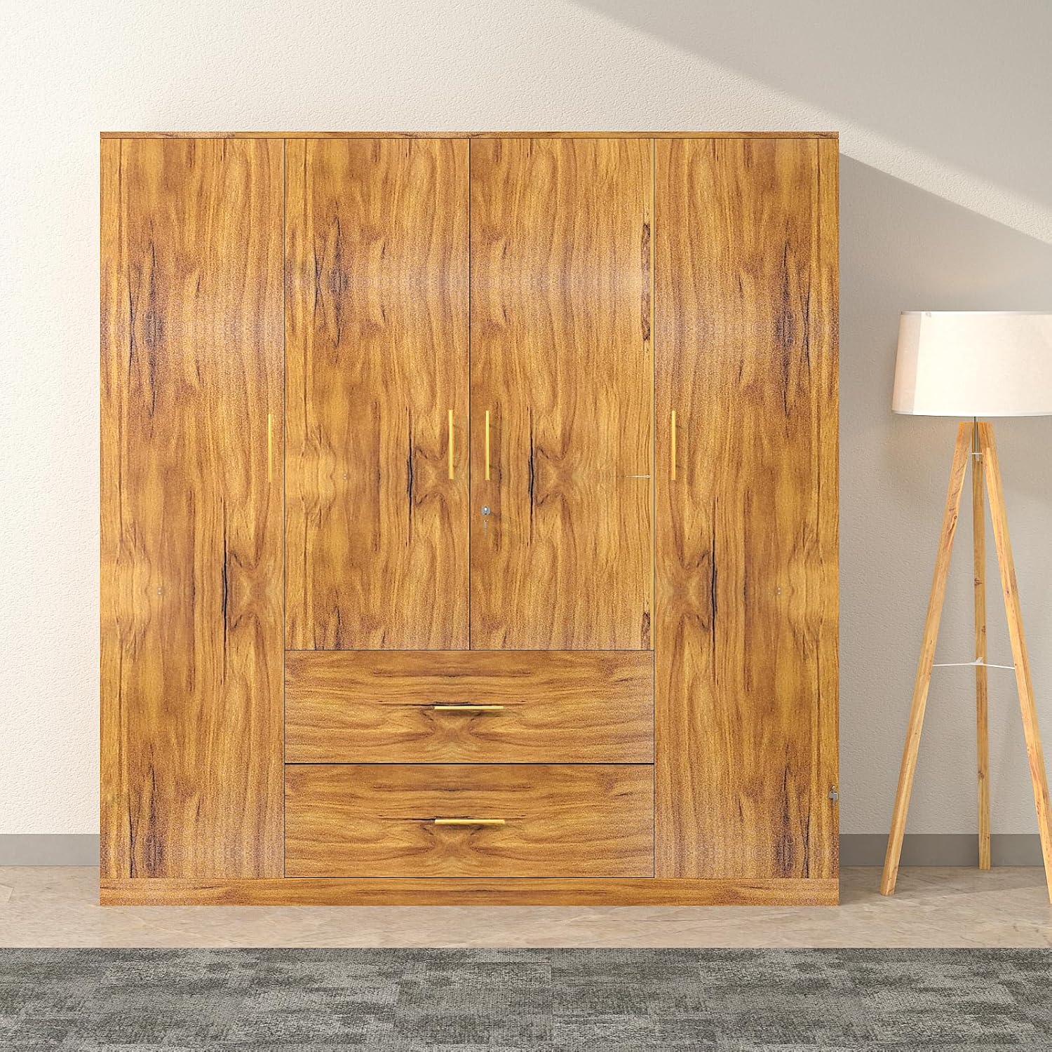 Callas Estoria 4 Door Wooden Wardrobe with 2 Large Drawers | Spacious Hanging Section | Multi-Utility Side Shelves | Engineered Wood Almirah for Bedroom | Free Installation with 1 Year Warranty (Walnut-Estoria-4)