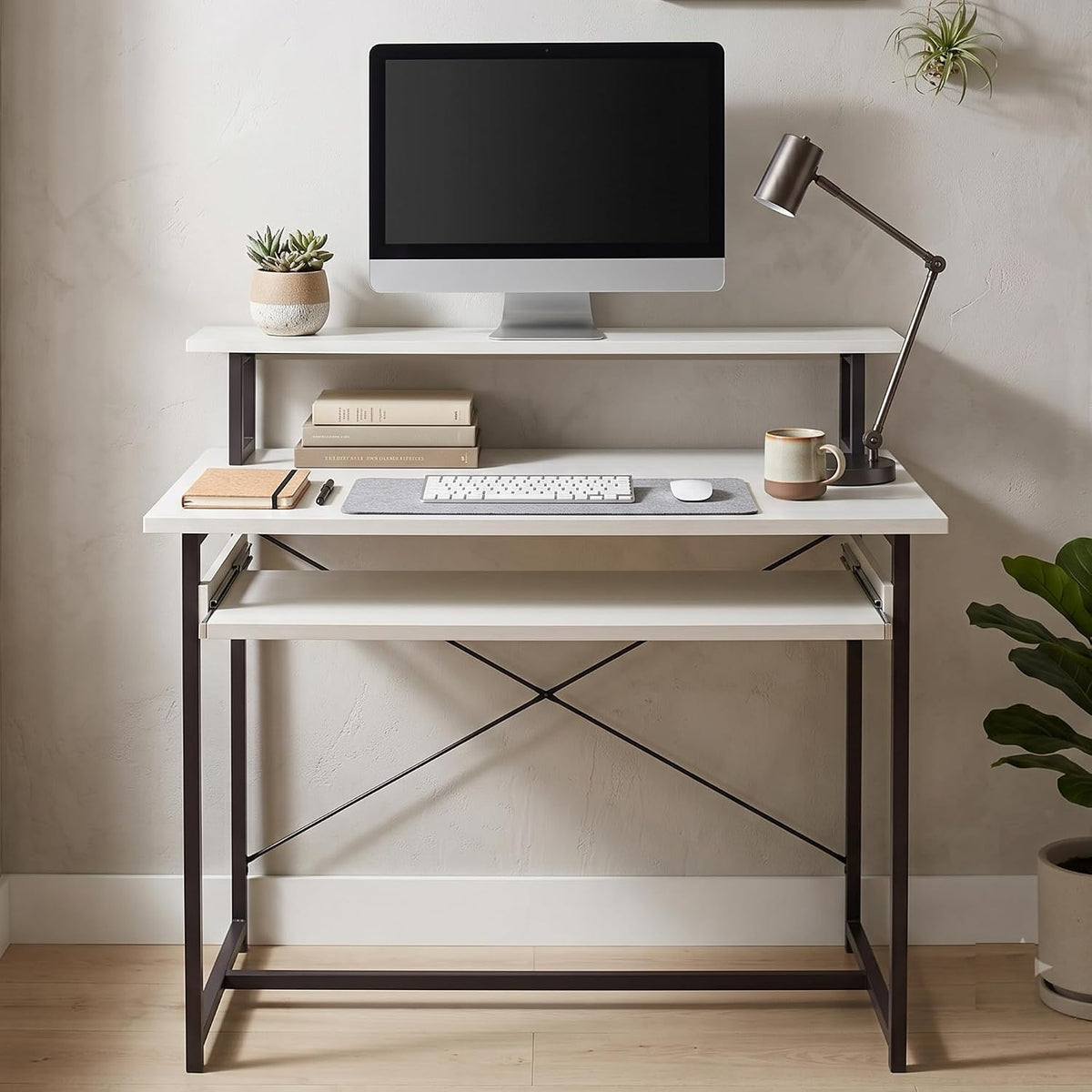 Callas ST-25 DeskMate Pro Engineered Wood Study Desk | 90×54×94.5 cm | Sliding Keyboard Tray, Monitor Riser Shelf | Metal Frame | Home Office, Gaming & Kids Room (White, ST-25) - 1 Year Warranty