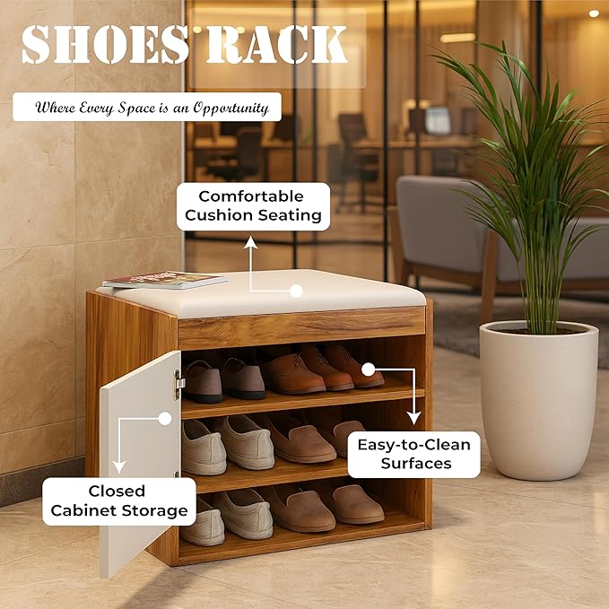 Callas Shoe Rack Storage Bench, Holds 6 Pairs, 3-Tier Rack with Cushion Seat and Closed Cabinet (Brown, SR-16)