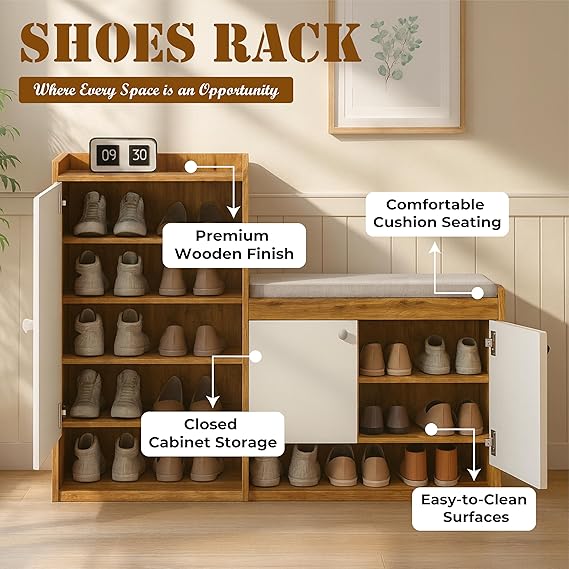 Callas Shoe Rack Storage Bench, Holds 15 Pairs, 8-Tier Rack with Cushion Seat and Closed Cabinet (Brown, SR-19)