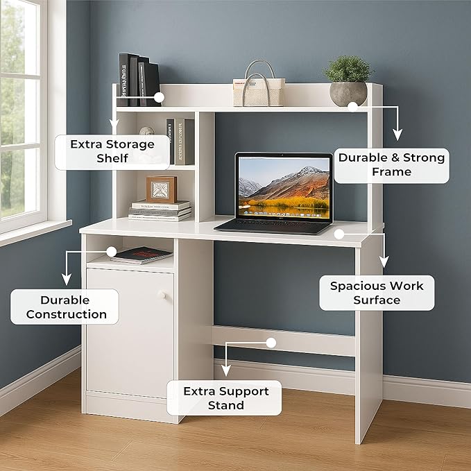 Callas Wooden Study Table with Hutch & Bottom Storage, Office Work Desk for Laptop Study Computer Table for Home White (White, ST-05)