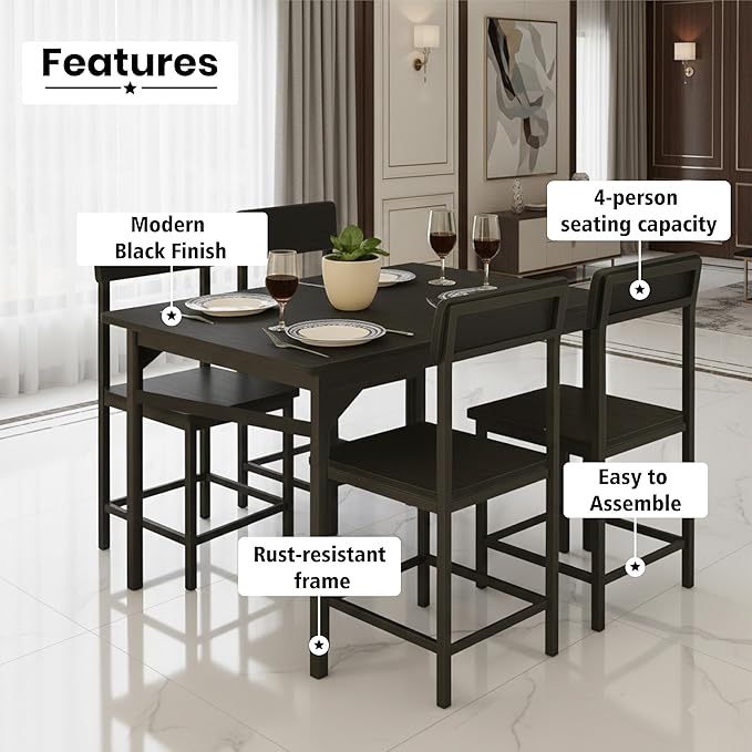 Callas 4 Seater Dining Table Set for Home | Compact Modern Dining Table with 4 Chairs | Ideal for Kitchen, Dining Room (Black, DN-01)