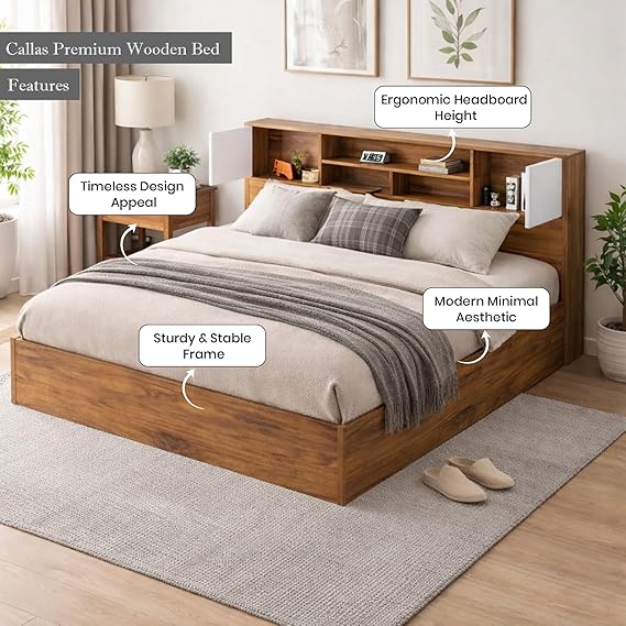 Callas Estoria Engineered Wood King Size Bed with Storage (Walnut, Queen with Storage)