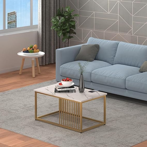 Callas Modern Coffee Table with White Marble Finish | Golden Metal Frame | Sturdy Build | Living Room Center Table