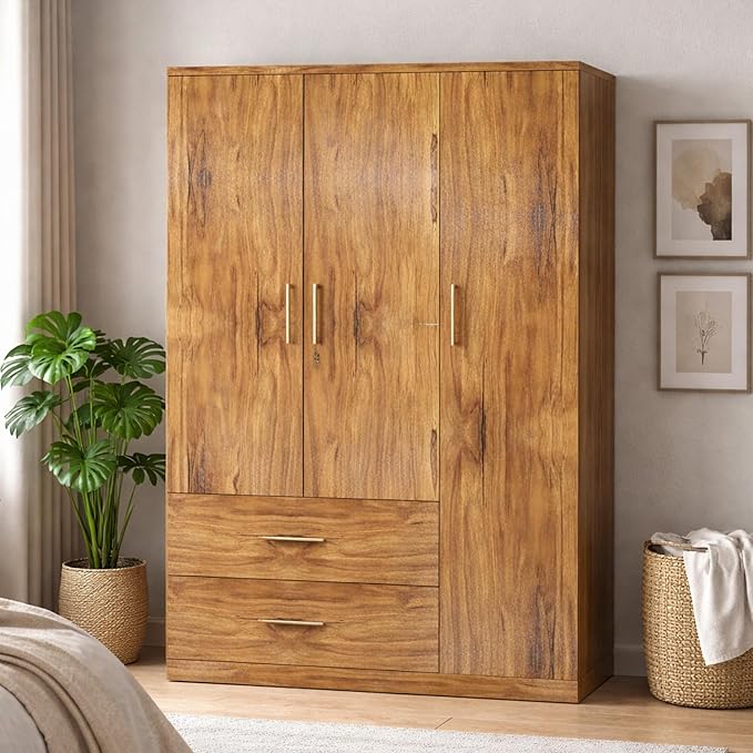 Callas Estoria 3 Door Wooden Wardrobe with 2 Large Drawers | Spacious Hanging Section | Multi-Utility Side Shelves | Engineered Wood Almirah for Bedroom (Walnut, Estoria-3)