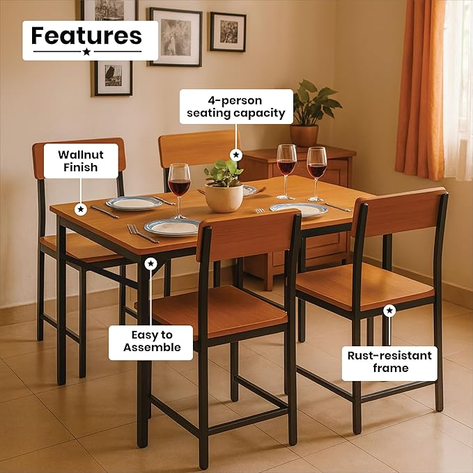 Callas 4 Seater Dining Table Set for Home | Compact Modern Dining Table with 4 Chairs | Ideal for Kitchen Dining Room Walnut Finish (Walnut, DN-01)
