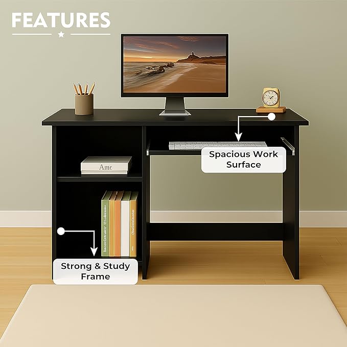 Callas Computer Desk with Keyboard Tray | Home/Office | Writing Study | Laptop Table | Modern Simple | Small | Sturdy for Home, Office, Bedroom, Living Room (ST-04-Black)
