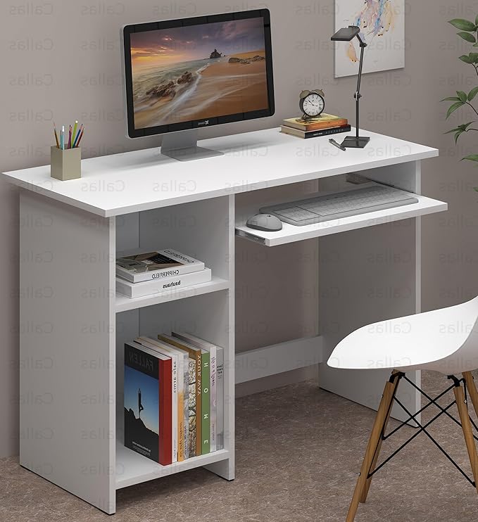 Callas Wooden Study Table with Hutch & Bottom Storage, Office Work Desk for Laptop Study Computer Table for Home (ST-04-White)