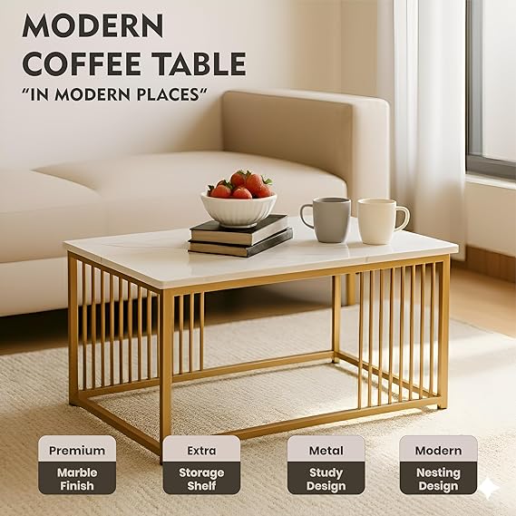 Callas Modern Coffee Table with White Marble Finish | Golden Metal Frame | Sturdy Build | Living Room Center Table