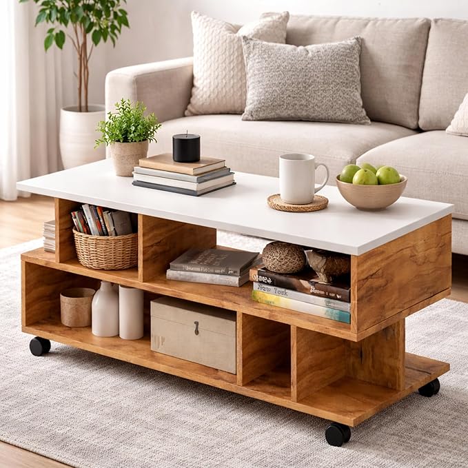 Callas Coffee Table with Multi-Purpose Storage, Wood, Walnut and Natural Finish,Modern Style (Walnut, CT-22-Wheel)