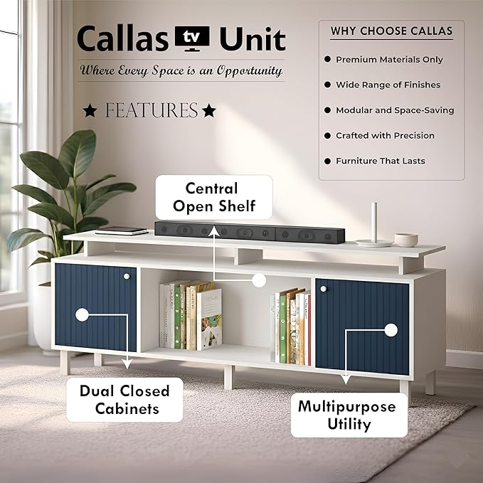 Callas Engineered Wood TV Entertainment Unit for Living Room | Modern TV Cabinet with Shelves & Storage (Blue, TV-22)