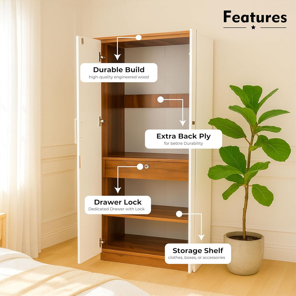 Callas 2 Door Engineered Wood Wardrobe | Modern Bedroom Storage Cabinet with Lock & Shelves | Compact Almirah for Clothes, Accessories & Home Organization (WD-01-Walnut)