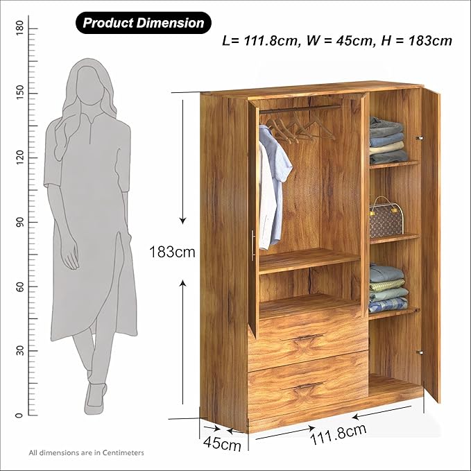 Callas Estoria 3 Door Wooden Wardrobe with 2 Large Drawers | Spacious Hanging Section | Multi-Utility Side Shelves | Engineered Wood Almirah for Bedroom (Walnut, Estoria-3)