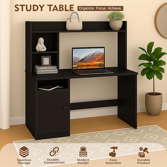 Callas Wooden Study Table with Hutch & Bottom Storage, Office Work Desk for Laptop Study Computer Table for Home Black. (Black, ST-05)