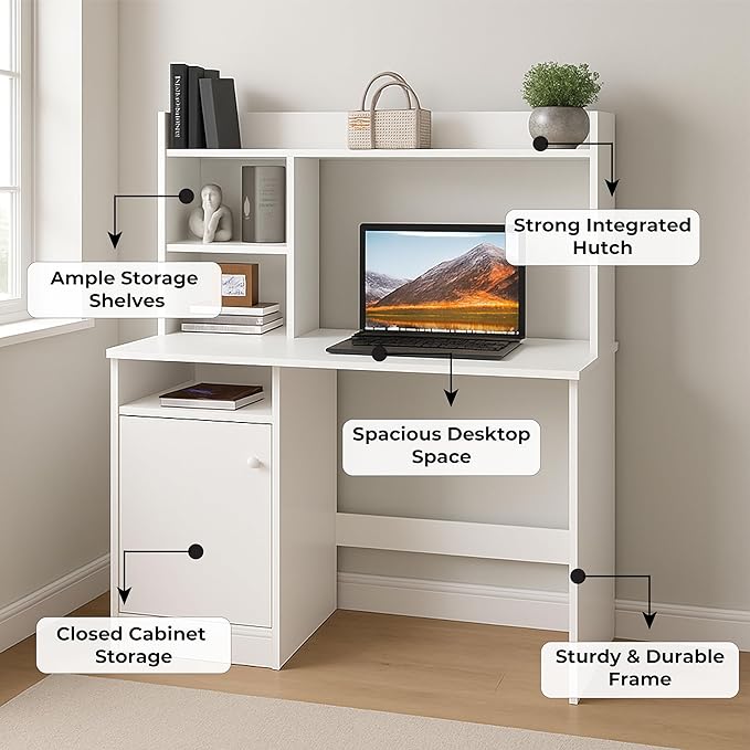 Callas Wooden Study Table with Hutch & Bottom Storage, Office Work Desk for Laptop Study Computer Table for Home White (White, ST-05)