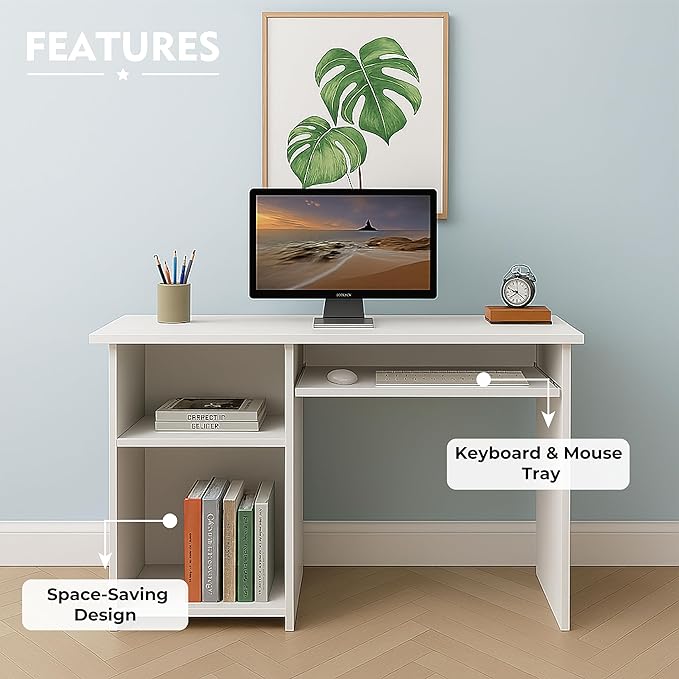 Callas Wooden Study Table with Hutch & Bottom Storage, Office Work Desk for Laptop Study Computer Table for Home (ST-04-White)