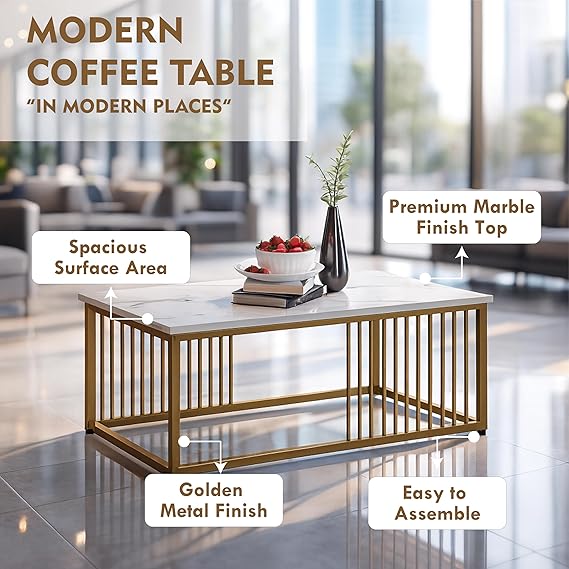 Callas Modern Coffee Table with White Marble Finish | Golden Metal Frame | Sturdy Build | Living Room Center Table