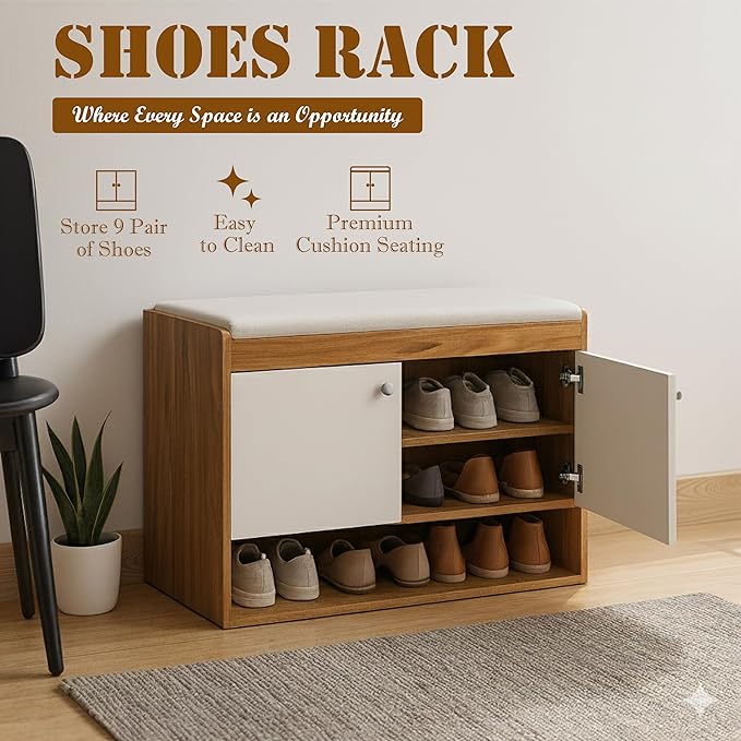 Calzas Racks Callas Shoe Rack Storage Bench, Holds 9 Pairs, 3-Tier Rack with Cushio ...