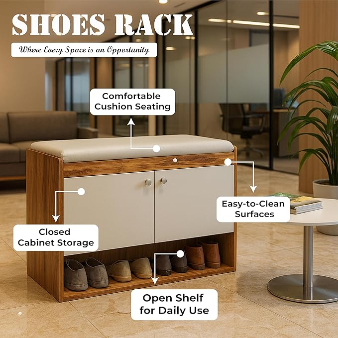 Callas Shoe Rack Storage Bench, Holds 9 Pairs, 3-Tier Rack with Cushion Seat and Closed Cabinet (Brown, SR-17)