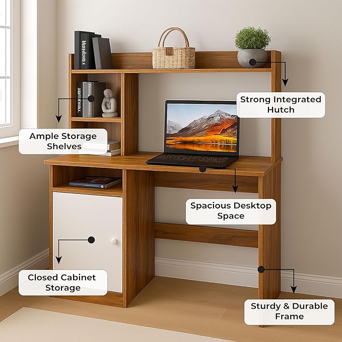 Callas Wooden Study Table with Hutch & Bottom Storage, Office Work Desk for Laptop Study Computer Table for Home (Walnut, ST-05))