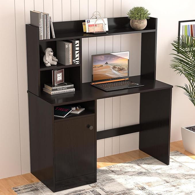 Callas Wooden Study Table with Hutch & Bottom Storage, Office Work Desk for Laptop Study Computer Table for Home Black. (Black, ST-05)