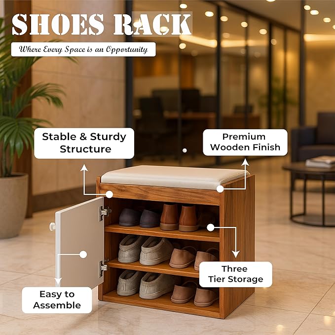 Callas Shoe Rack Storage Bench, Holds 6 Pairs, 3-Tier Rack with Cushion Seat and Closed Cabinet (Brown, SR-16)