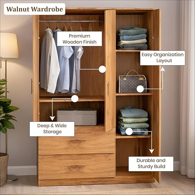 Callas Estoria 3 Door Wooden Wardrobe with 2 Large Drawers | Spacious Hanging Section | Multi-Utility Side Shelves | Engineered Wood Almirah for Bedroom (Walnut, Estoria-3)