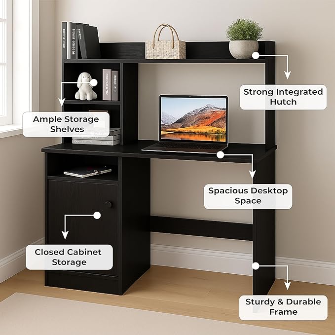 Callas Wooden Study Table with Hutch & Bottom Storage, Office Work Desk for Laptop Study Computer Table for Home Black. (Black, ST-05)