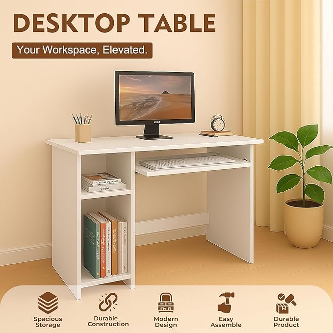 Callas Wooden Study Table with Hutch & Bottom Storage, Office Work Desk for Laptop Study Computer Table for Home (ST-04-White)
