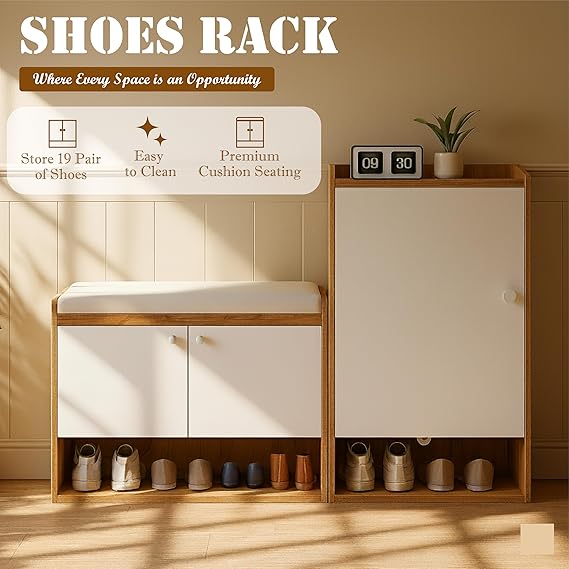 Callas Shoe Rack Storage Bench, Holds 15 Pairs, 8-Tier Rack with Cushion Seat and Closed Cabinet (Brown, SR-19)