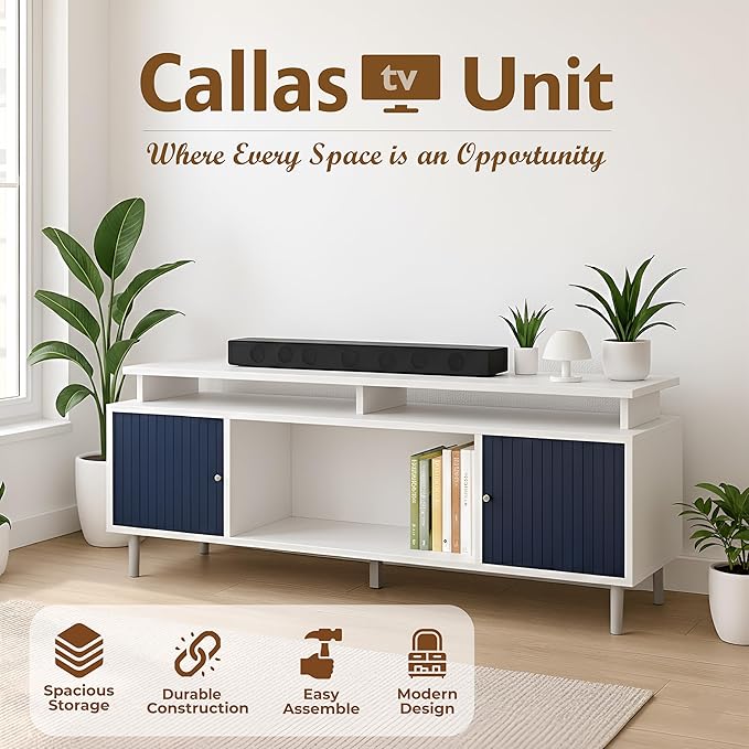 Callas Engineered Wood TV Entertainment Unit for Living Room | Modern TV Cabinet with Shelves & Storage (Blue, TV-22)