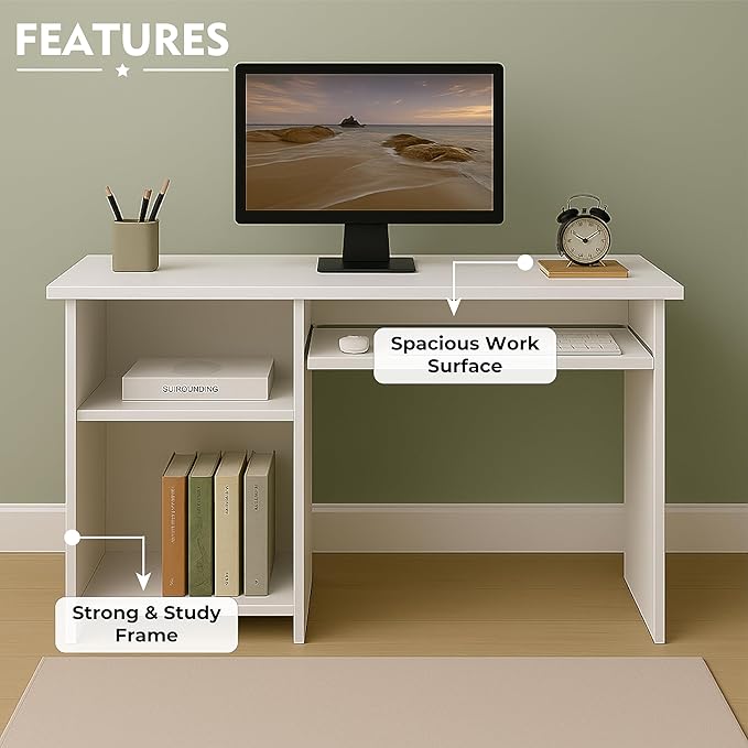 Callas Wooden Study Table with Hutch & Bottom Storage, Office Work Desk for Laptop Study Computer Table for Home (ST-04-White)