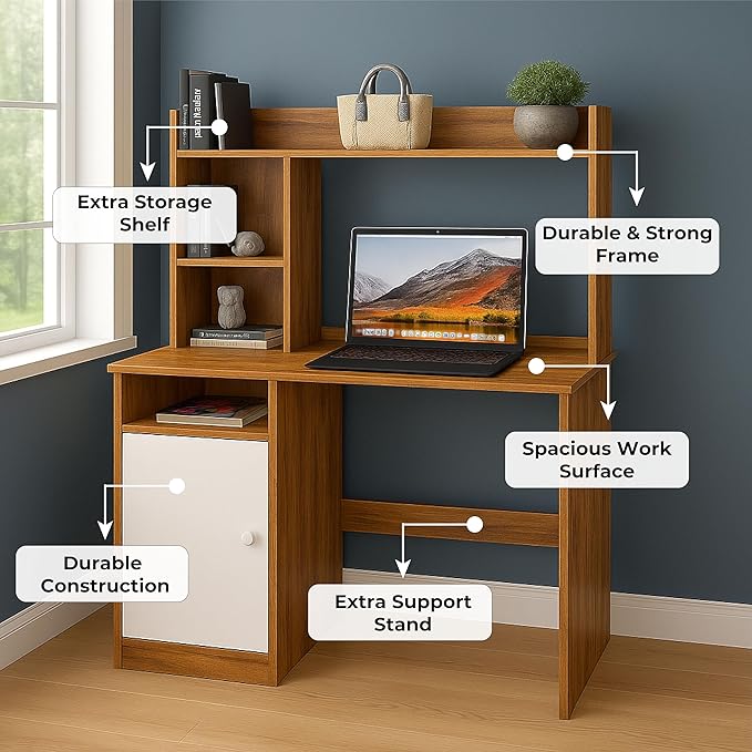 Callas Wooden Study Table with Hutch & Bottom Storage, Office Work Desk for Laptop Study Computer Table for Home (Walnut, ST-05))