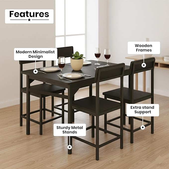 Callas 4 Seater Dining Table Set for Home | Compact Modern Dining Table with 4 Chairs | Ideal for Kitchen, Dining Room (Black, DN-01)