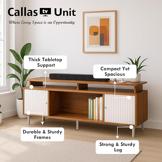 Callas Engineered Wood TV Entertainment Unit for Living Room | Modern TV Cabinet with Shelves & Storage | Set Top Box Stand & Display Unit (Walnut, TV-22)