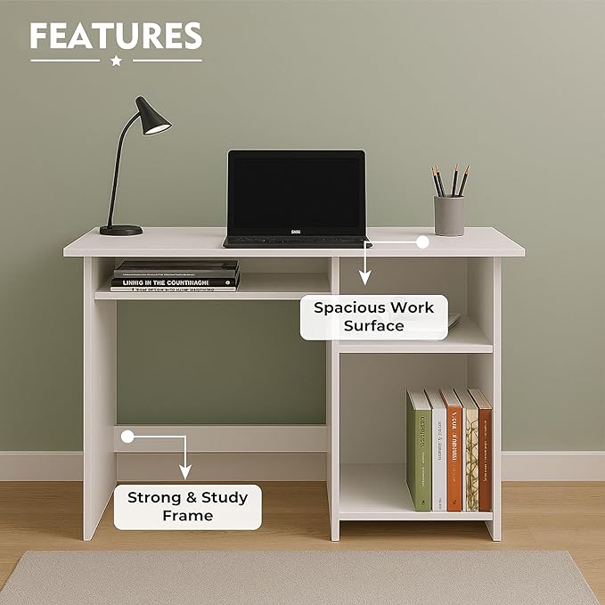 Callas Computer Desk with Keyboard Tray – Modern Small Writing & Laptop Table for Home Office, Bedroom, or Living Room – Space-Saving & Sturdy Design Table (ST-03-White)