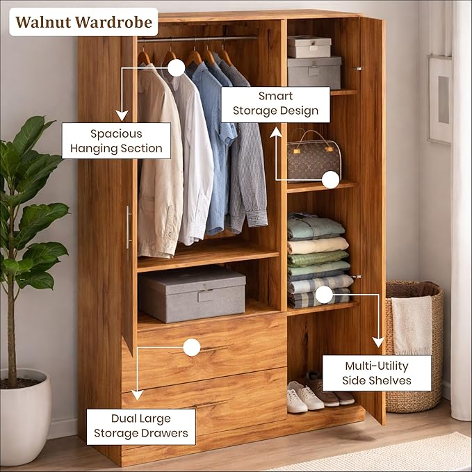 Callas Estoria 3 Door Wooden Wardrobe with 2 Large Drawers | Spacious Hanging Section | Multi-Utility Side Shelves | Engineered Wood Almirah for Bedroom (Walnut, Estoria-3)