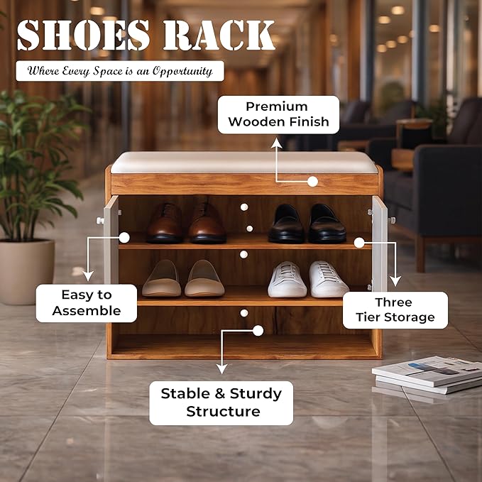 Callas Shoe Rack Storage Bench, Holds 9 Pairs, 3-Tier Rack with Cushion Seat and Closed Cabinet (Brown, SR-17)