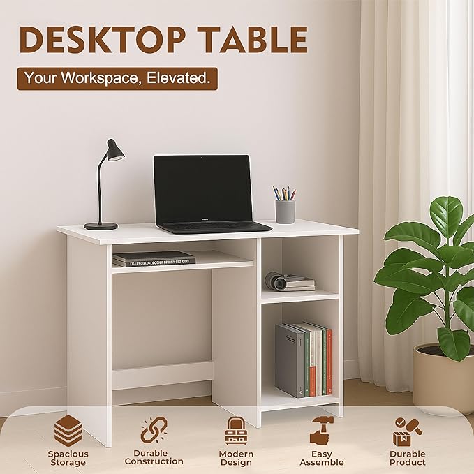 Callas Computer Desk with Keyboard Tray – Modern Small Writing & Laptop Table for Home Office, Bedroom, or Living Room – Space-Saving & Sturdy Design Table (ST-03-White)