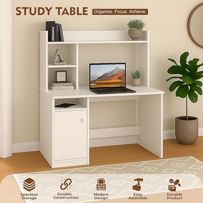 Callas Wooden Study Table with Hutch & Bottom Storage, Office Work Desk for Laptop Study Computer Table for Home White (White, ST-05)