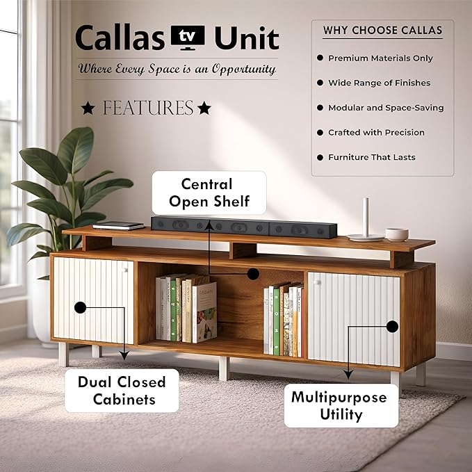 Callas Engineered Wood TV Entertainment Unit for Living Room | Modern TV Cabinet with Shelves & Storage | Set Top Box Stand & Display Unit (Walnut, TV-22)