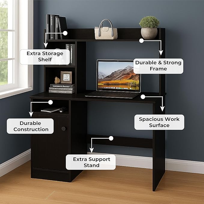 Callas Wooden Study Table with Hutch & Bottom Storage, Office Work Desk for Laptop Study Computer Table for Home Black. (Black, ST-05)